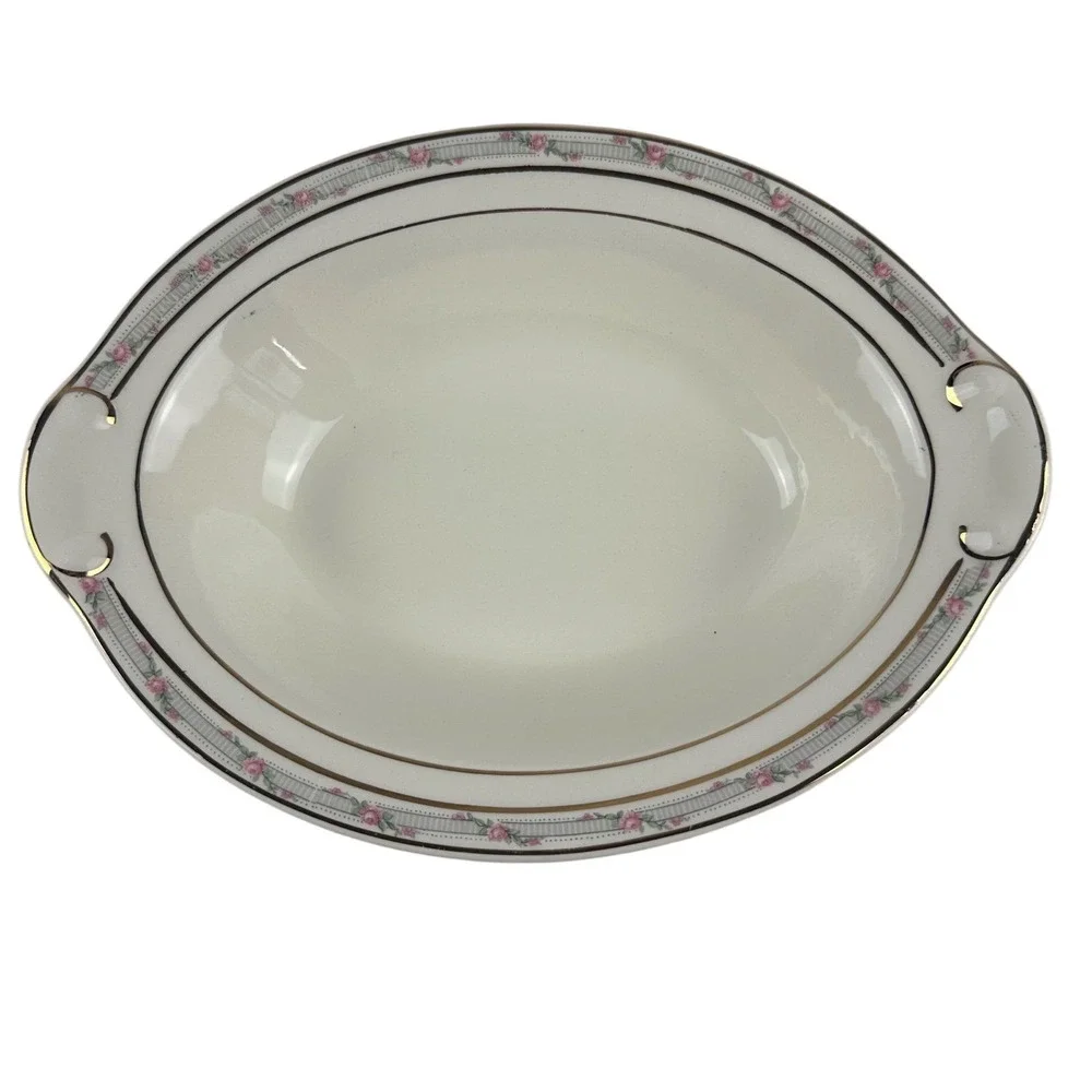 Vtg Taylor Smith Taylor TS&T Rosebud Vegetable Bowl Gold 1945 Ironstone 9‎ inch